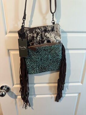 Myra Bag Teal and Black Floral Fringe Crossbody with Haircalf Accent - NWT